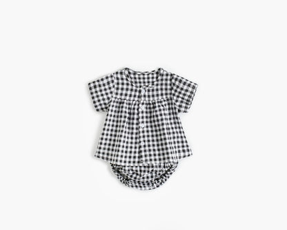 Baby Girl Plaid Pattern Single Breasted Design Shirt Combo Shorts Sets-4