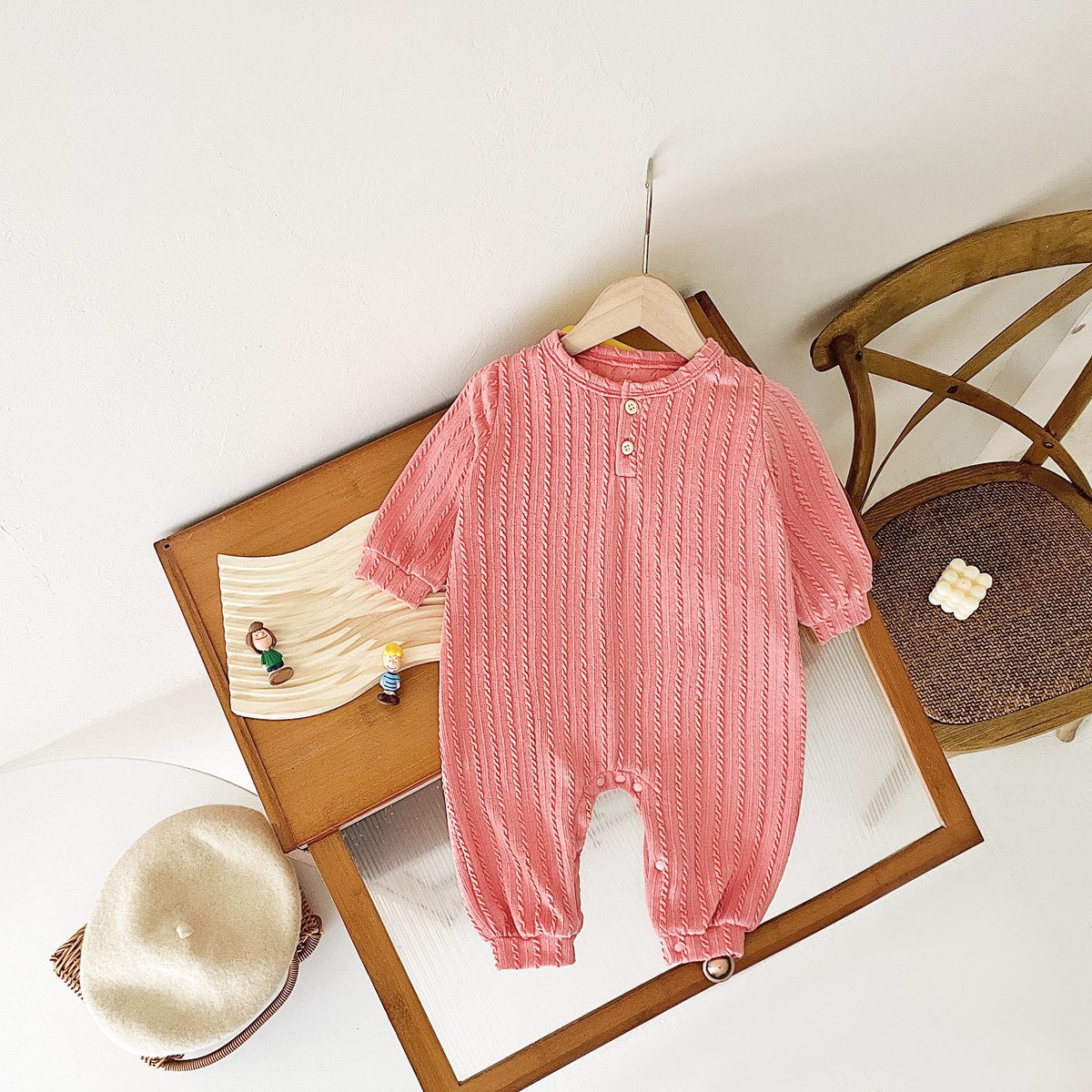 Baby Solid Color Long Sleeve Soft Cotton Simple Style Romper-4