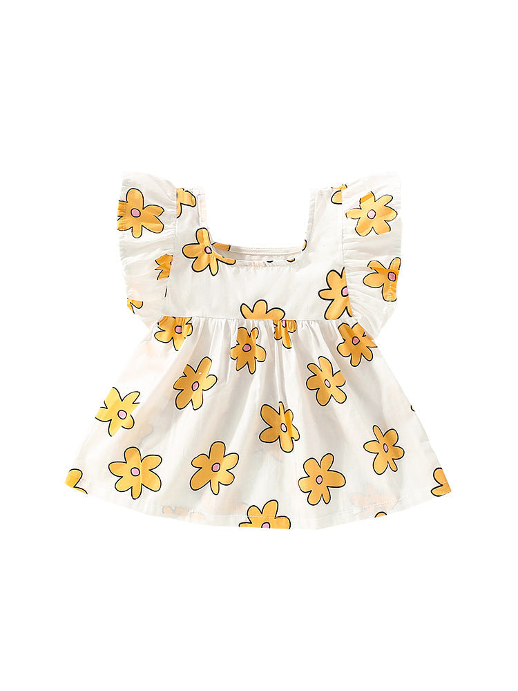 Summer New Arrival Baby Kids Girls Fly Sleeves Floral Print Square Neck Yellow Dress-0