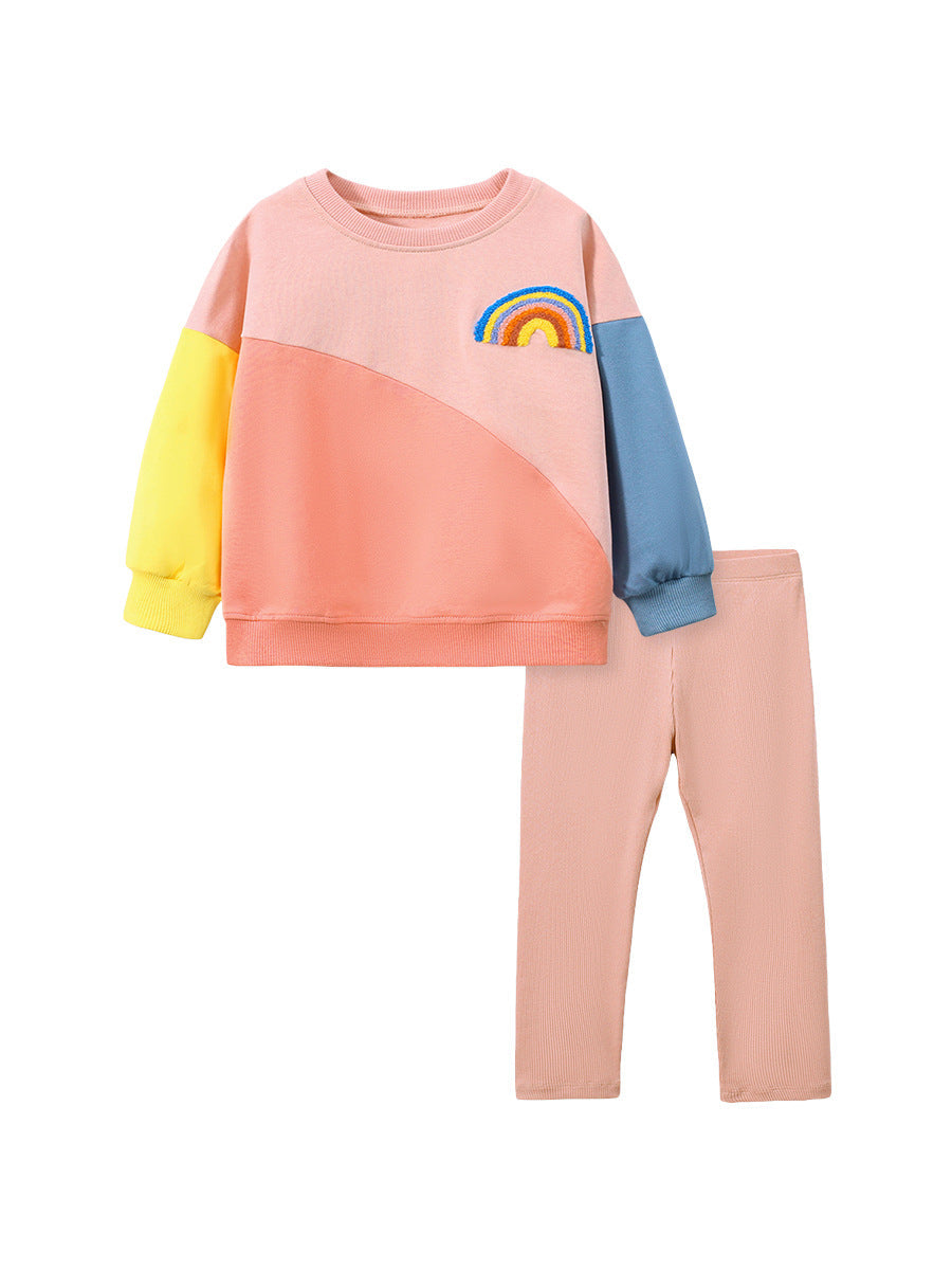 Girls Rainbow Embroidered Patchwork Design Pullover And Pants Set-0