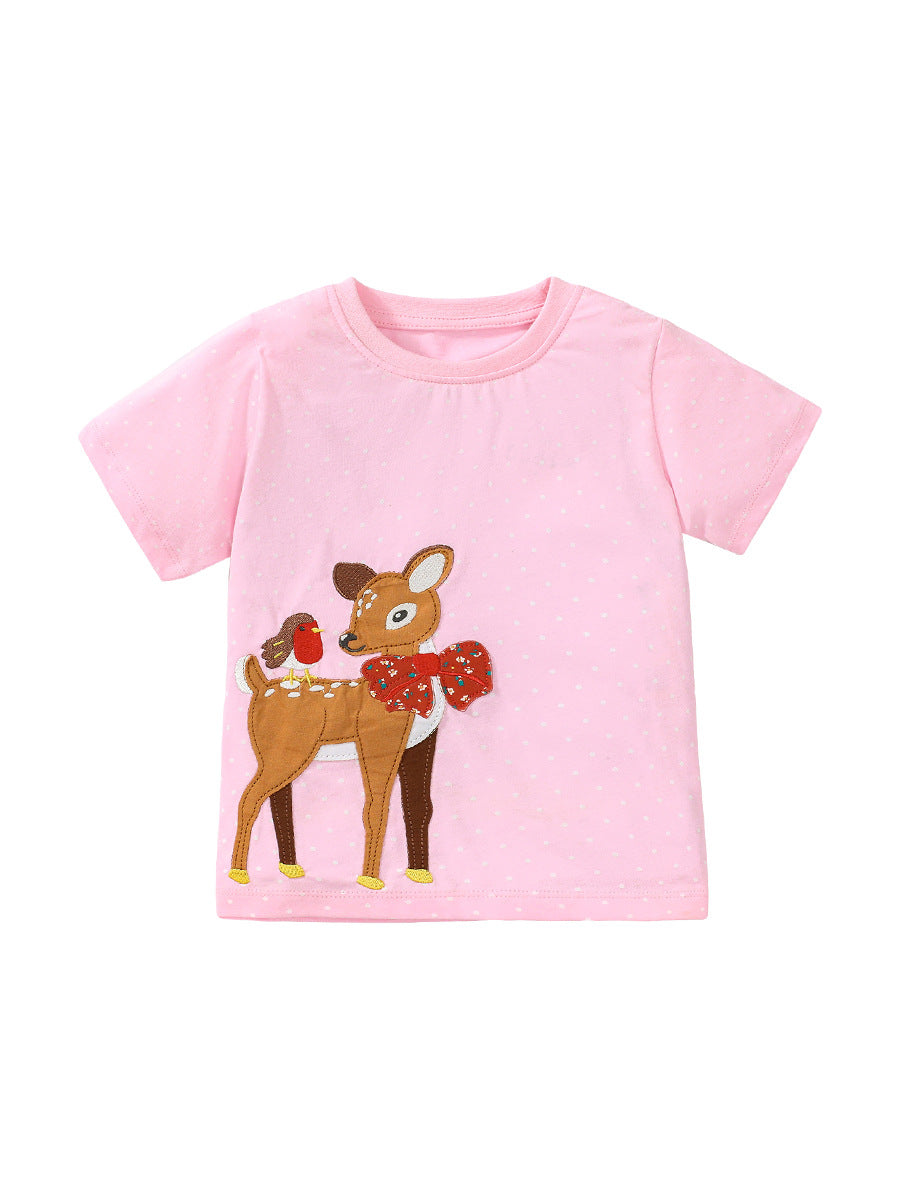 Crew Neck Girls Deer And Bird Pattern T-Shirt In European And American Style For Summer-1