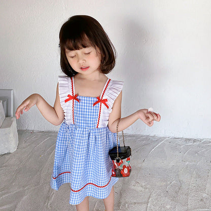 Summer Baby Kids Girls Sleeveless Blue Plaid Square Neck Strap Dress-4