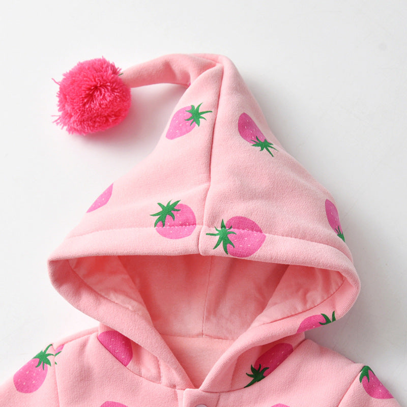 Baby Girl Strawberries Pattern Button Front Double Quilted Romper With Hat-3