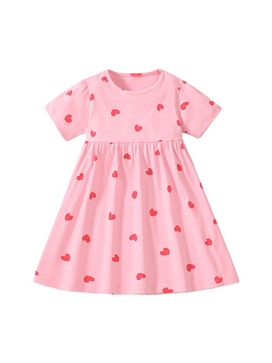 Summer New Arrival Girls Short Sleeves Red Heart Print Dress-1