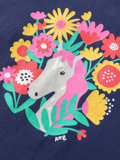 Crew Neck Floral Horse Cartoon Girls’ T-Shirt In European And American Style For Summer-4