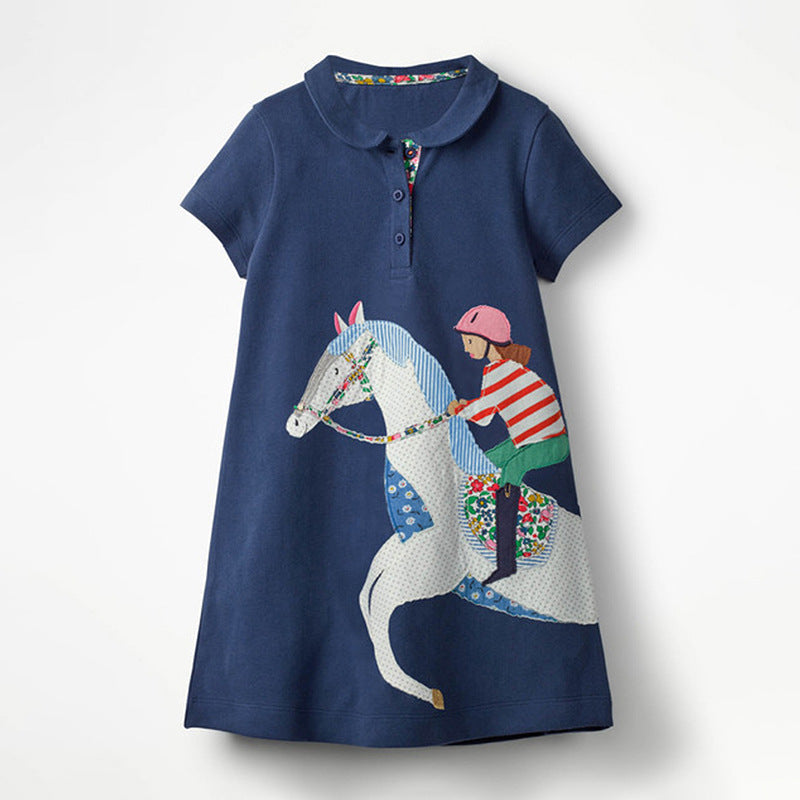 Summer New Arrival Girls Short Sleeves Horse Racing Cartoon Turn-Down Collar Dress-0