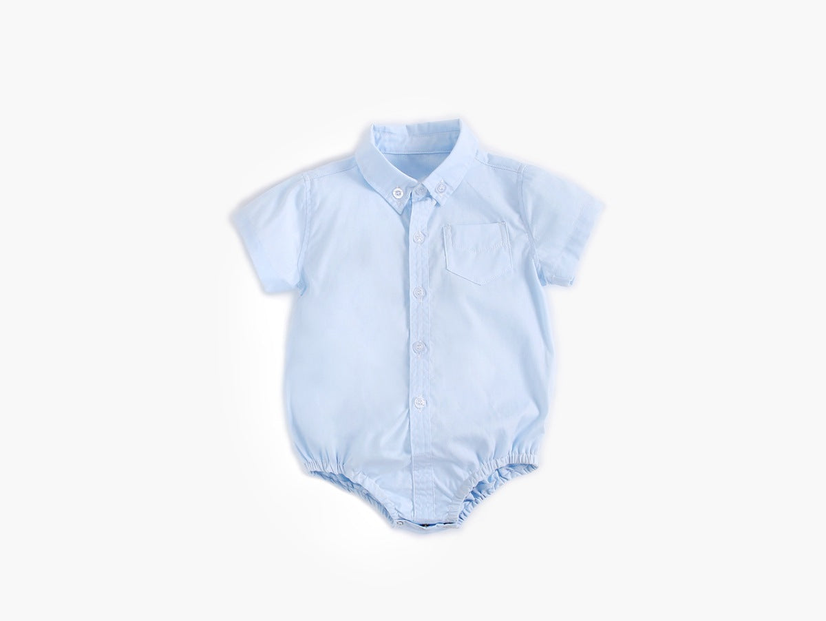 Baby Boy Solid Color Buttoned Shirt With Pockets Short Sleeve Onesies Online In Summer-4