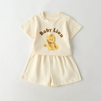 Baby Cartoon Animal &amp; Slogan Pattern Short Sleeved Tee Combo Solid Shorts Sets-4