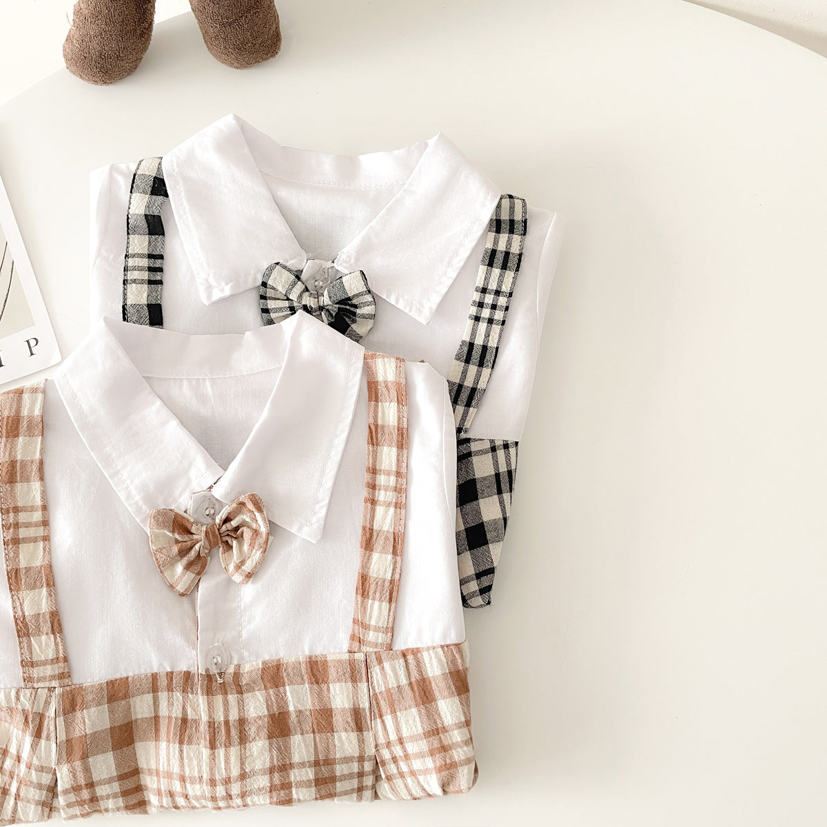 Baby Boy Plaid Pattern Polo-Neck Rompers-4