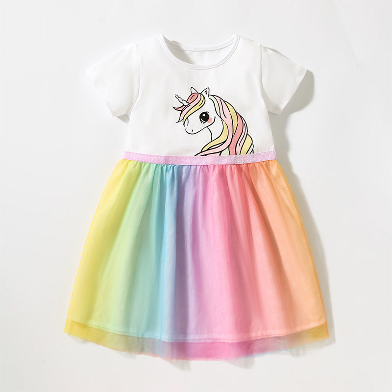 Baby Girls Short Sleeves Unicorn Printing Tulle Dress-3