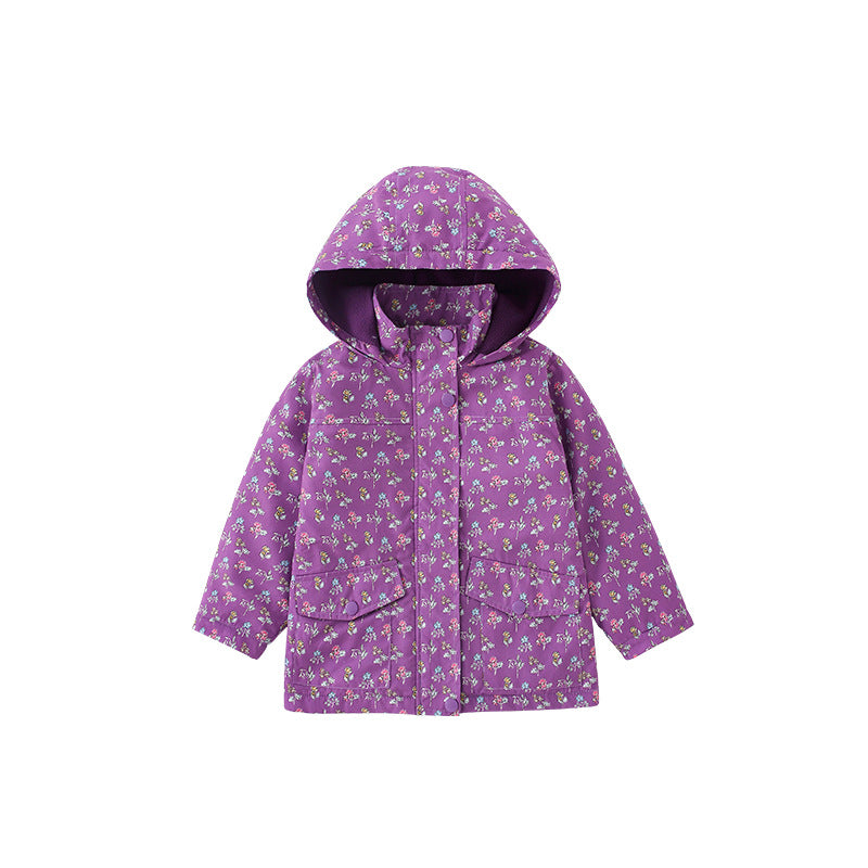 European And American Style Girls’ Outerwear: Hooded Zip-Up Floral Coat With Long Sleeves For Children-0