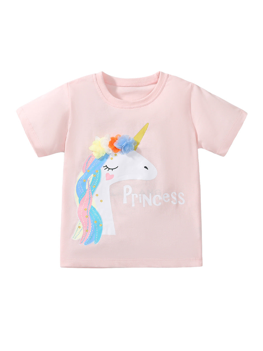 Girls’ Princess Unicorn Cartoon Print Short Sleeves T-Shirt In European And American Style For Summer-1