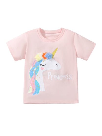 Girls’ Princess Unicorn Cartoon Print Short Sleeves T-Shirt In European And American Style For Summer-1