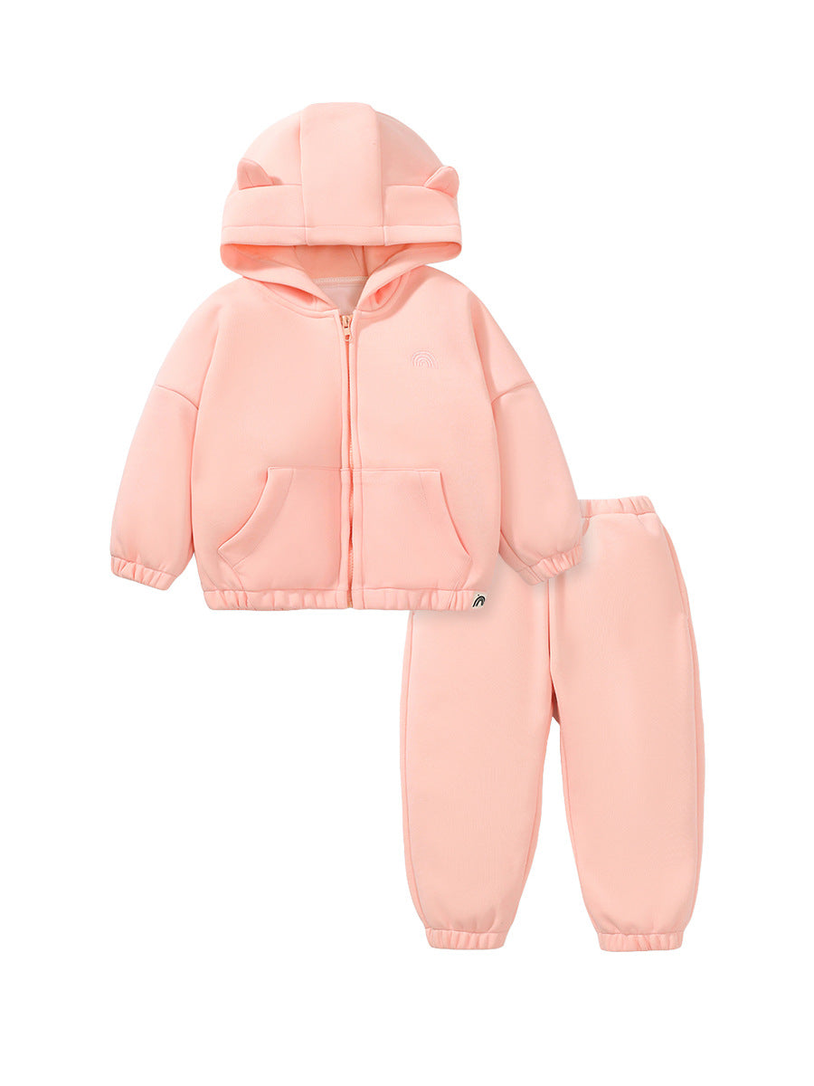 Autumn/Winter Baby Kids Girls Pink Solid Color Long Sleeves Hoodie And Pants Clothing Set-0