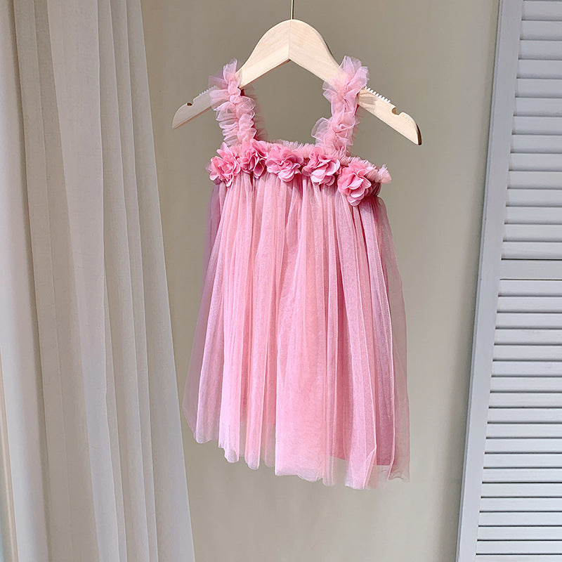 Summer Baby Kids Girls Sleeveless 3D Flowers Mesh Strap Dress-5