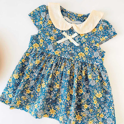 Baby Girls Floral Print Backless Design Doll-Neck Dress With Bow Decoration-4