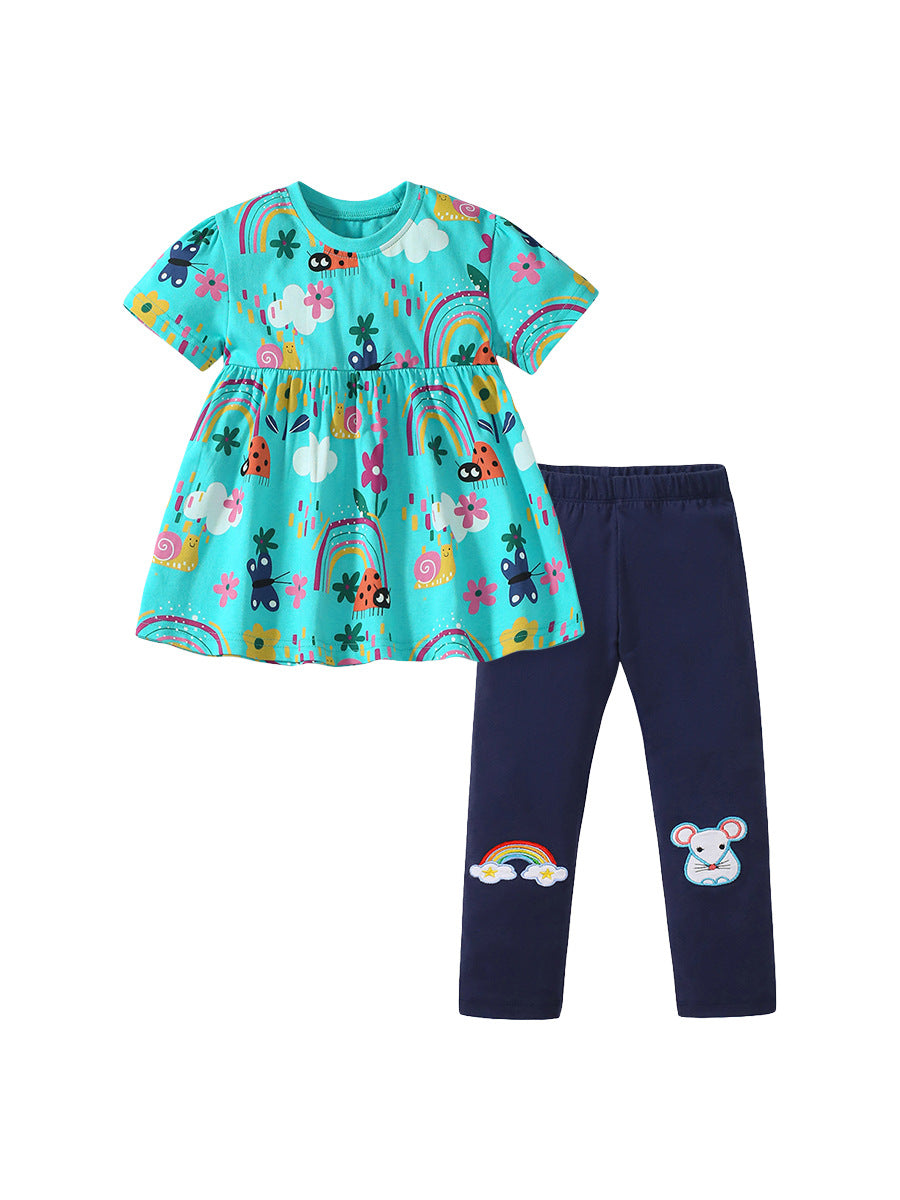 Summer Baby Kids Girls Cartoon Print Dress And Pants Clothing Set-1