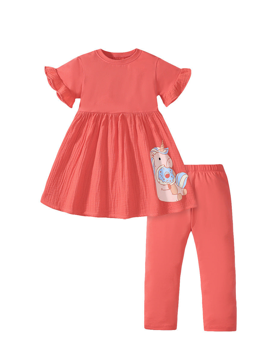 Summer Baby Kids Girls Unicorn Pattern Orange Dress And Pants Clothing Set-0