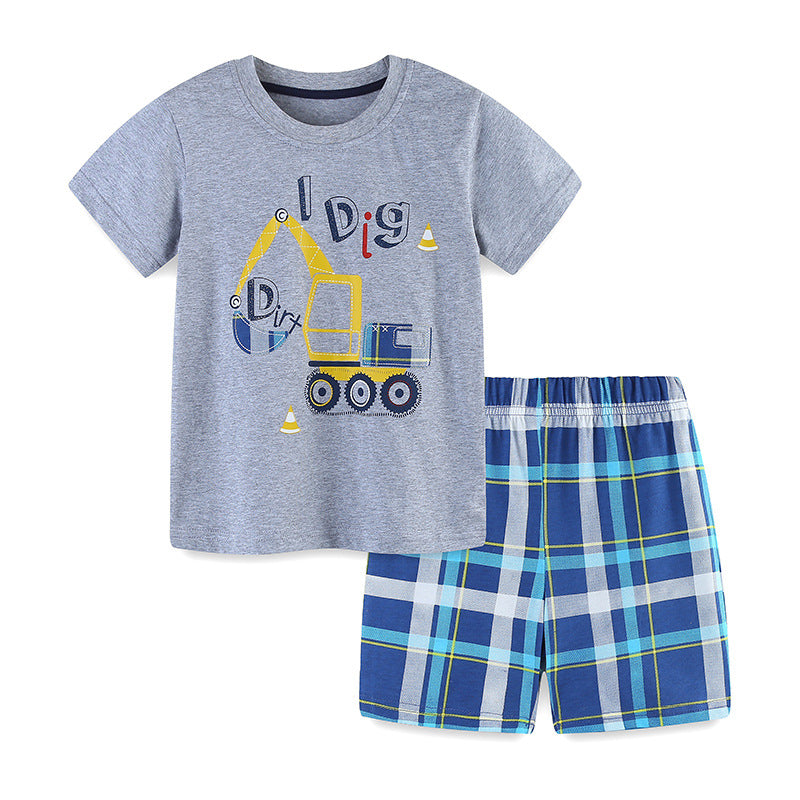 Summer Baby Kids Boys Excavator Cartoon Print T-Shirt And Plaid Shorts Clothing Set-0