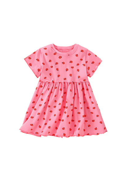 Summer New Arrival Baby Kids Girls Short Sleeves Ladybird Print Pink Dress-0