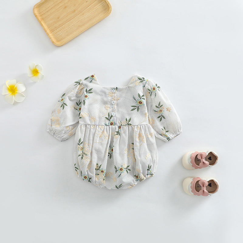 Baby Girl Floral Embroidered Pattern Square Collar Bodysuit-4