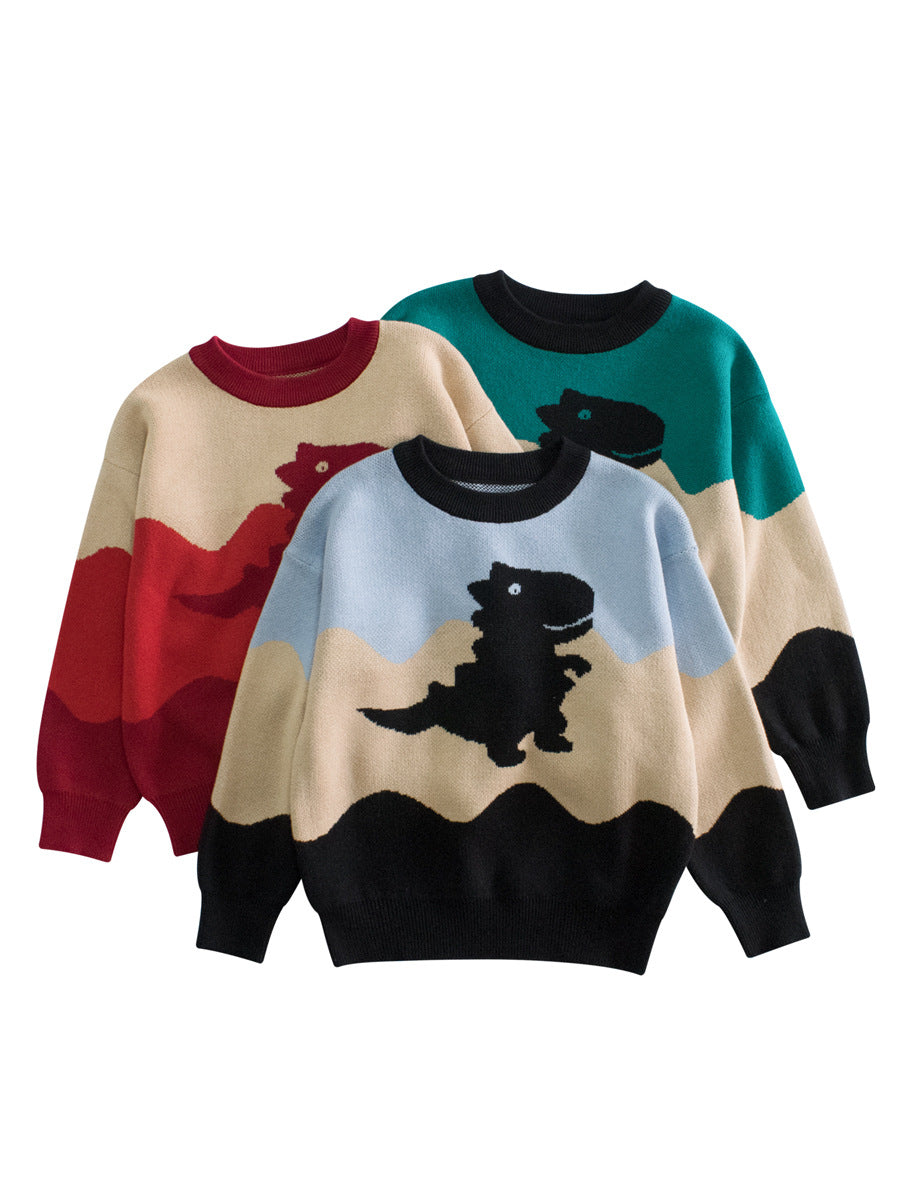 Baby Boy Kids Dinosaur Pattern Crew Neck Long Sleeves Color Patchwork Knitwear Pullover-0