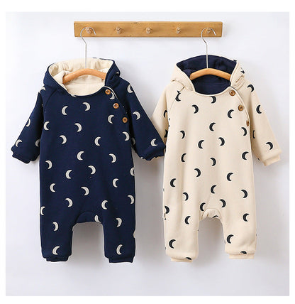 Baby Unisex Moon Print Cotton Padded Thickened Winter Hoodie Romper-0