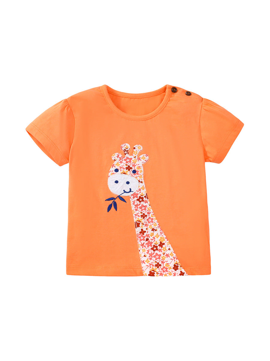 Girls’ Clothing Summer Collection – Floral Giraffe Pattern Children’s T-Shirt-1