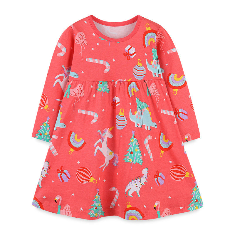 Baby Girl Cartoon Print Pattern Western Style Loose Christmas Dress-0