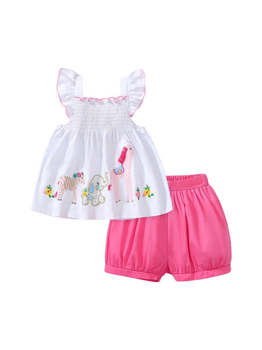 Girls Animals Cartoon Pattern Dress And Pink Shorts Set-1