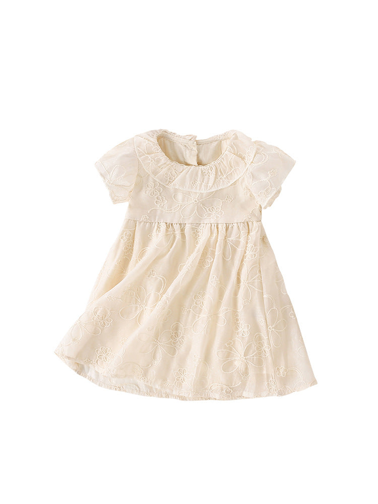 Summer New Arrival Girls’ Floral Pattern Embroidery Short Sleeves Round Collar Dress-0