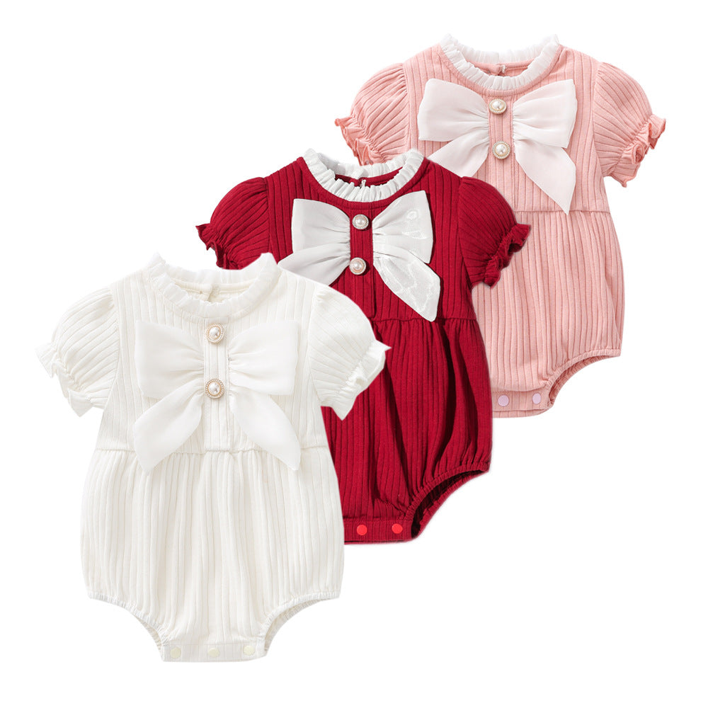 Baby Girls Solid Color Lace Design Puff-Sleeved Fashion Onesies With Bow Decoration In Summer-0