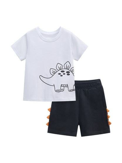 Baby And Kids Boys Dinosaur Cartoon Short Sleeves Top And Shorts Casual Clothing Set-1