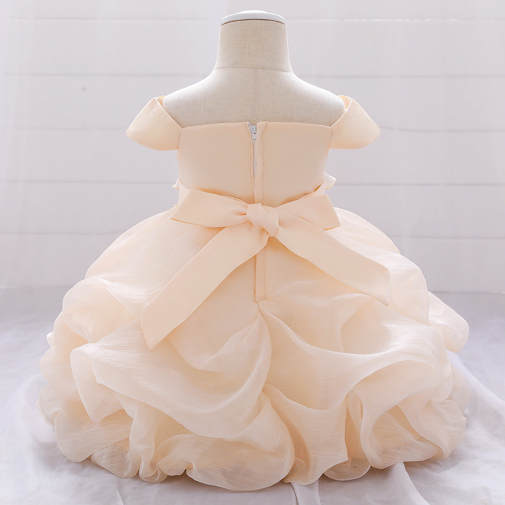 Baby Girl Solid Color One Shoulder Design Tutu Formal Dress Baptism Birthday Dress-3