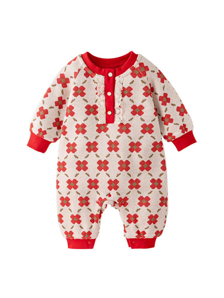 Spring Baby Girl Red Floral Knitted Home Clothes Crew Neck Romper-1