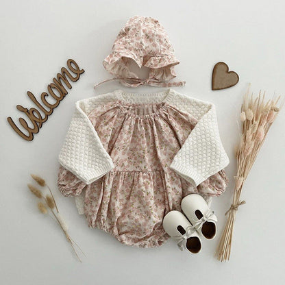 Baby Ditsy Flower Graphic Long Sleeves Flesh Style Cotton Bodysuit With Hat-4