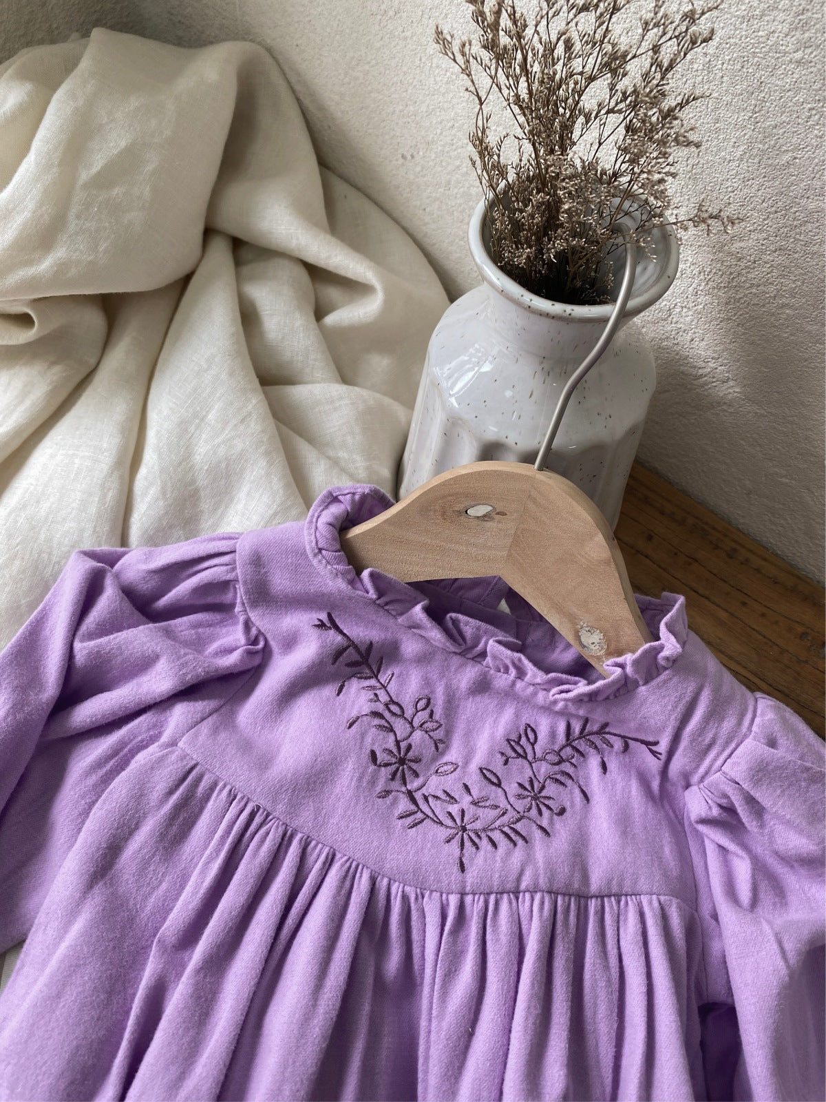 New Arrival Baby Girls Purple Long Sleeves Vine Embroidery Onesie-4