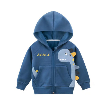 Baby Cartoon Dinosaur Graphic Zipper Front Fleece Coat With Hat-1