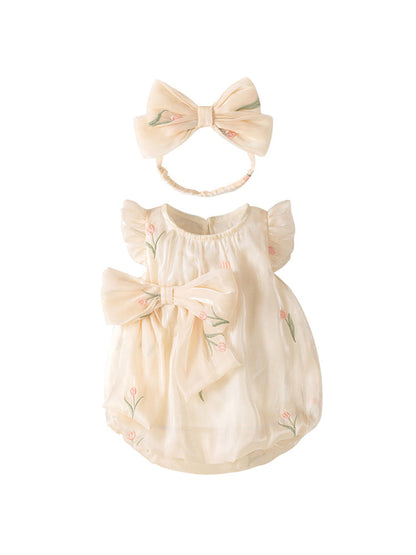 Summer New Design Baby Girls Light Floral Pattern Embroidery Fly Sleeves Crew Neck Sweet Cute Onesies-0