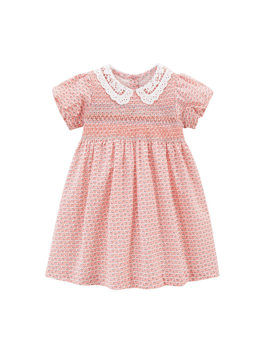 Summer Baby Kids Girls Short Sleeves Lace Collar Print Dress-1