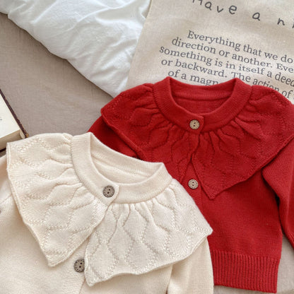 Baby Girl Solid Color Lapel Design Knit Cardigan-4