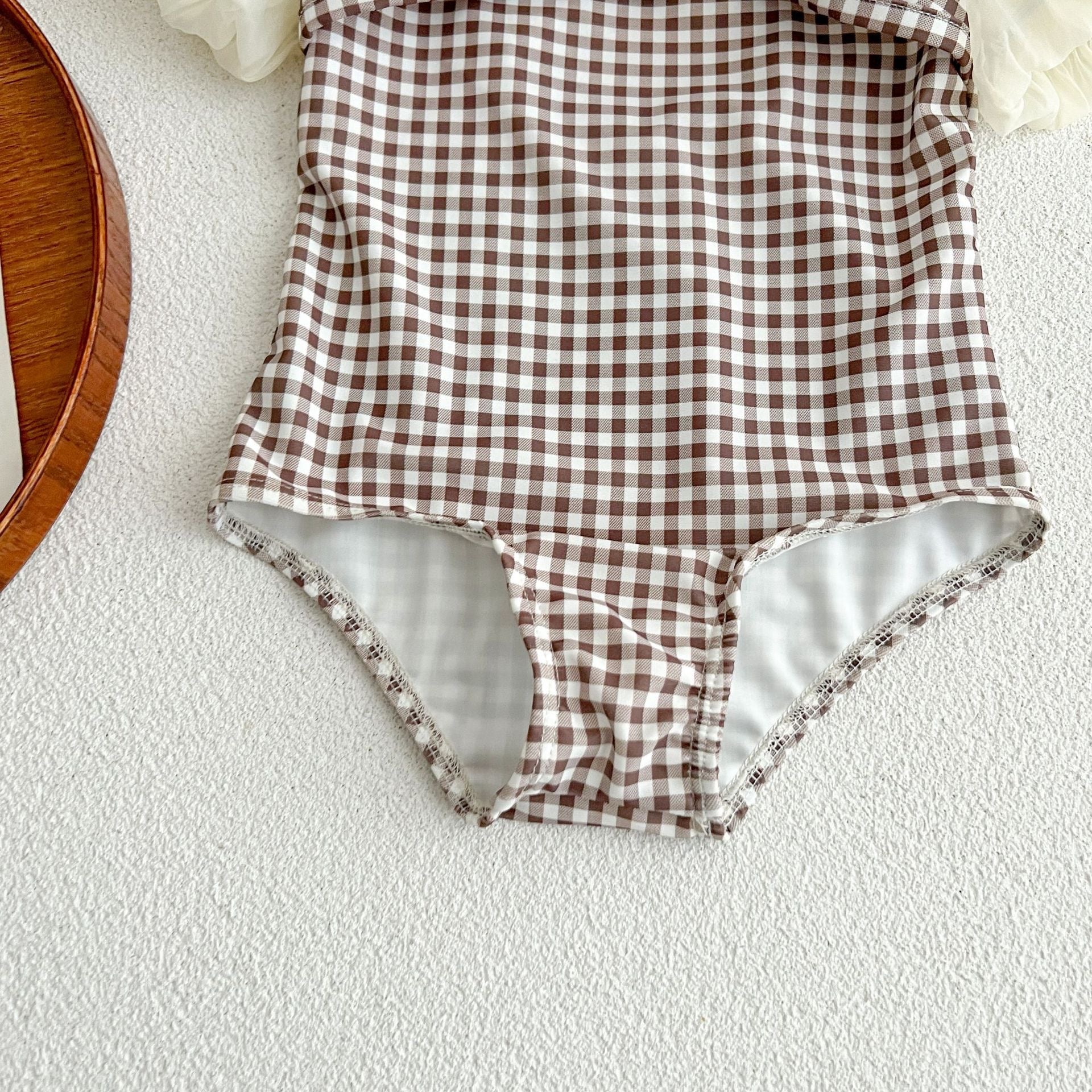 Baby Girl Plaid Pattern Mesh Sleeves Patchwork Swimwear With Hats-4