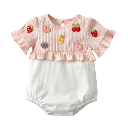 Baby Girls Fruit Embroidered Graphic Lace Sleeve Onesies &amp; Headband-4