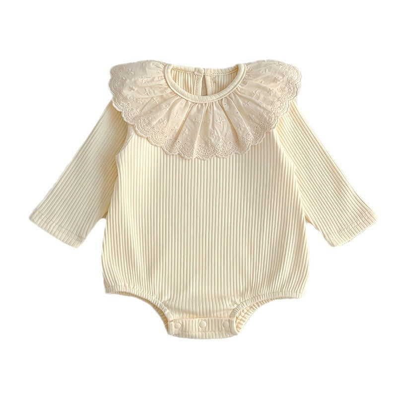 Spring New Arrival Baby Solid Color Long Sleeves Onesies For Girls With Hollow Out Collar-4