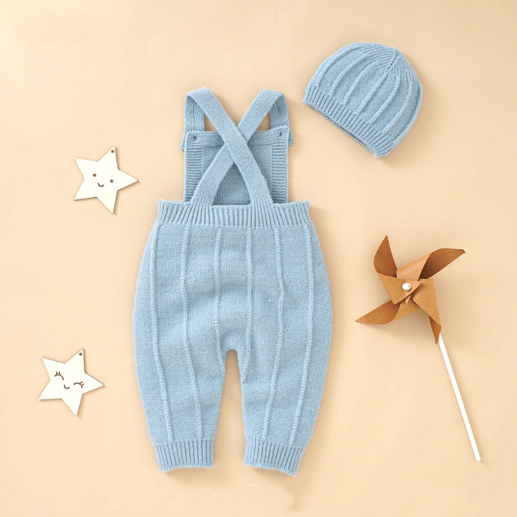 Baby Solid Color Knitted Sling Romper With Hat Sets-4