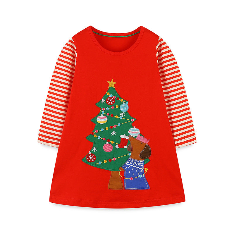 Girls’ European-American Style Christmas Tree Cartoon Pattern Striped Sleeves Dress-0