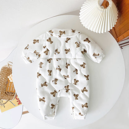 Baby Cartoon Bear Print Pattern Thickened Quilted Winter Rompers-3