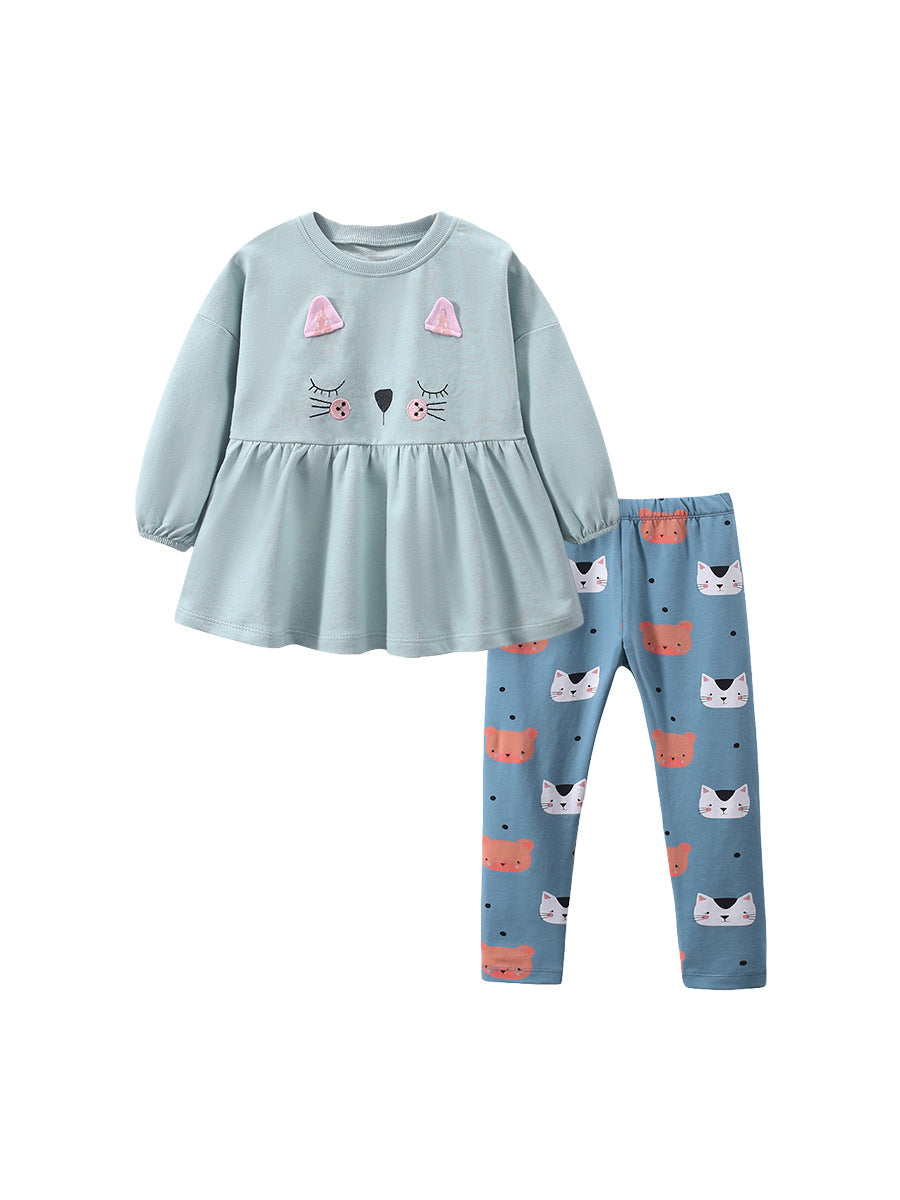 Baby Girl Cat Pattern Design Pullover With Long Leggings Sets-0