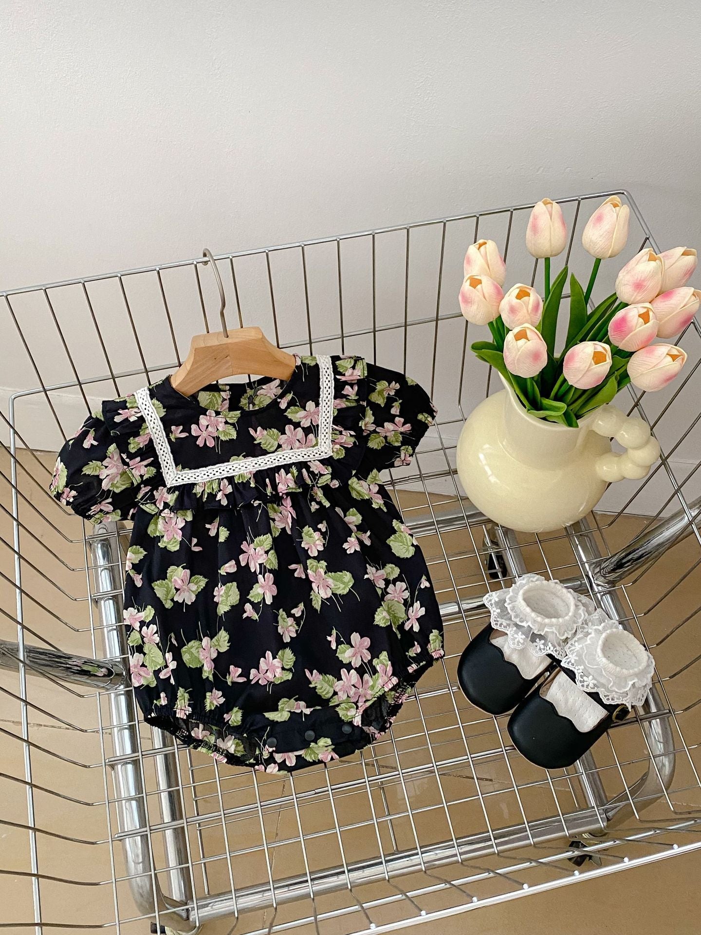 Summer Baby Kids Girls Comfortable Floral Pattern Short Sleeves Dress And Shorts Clothing Set/Onesies-4