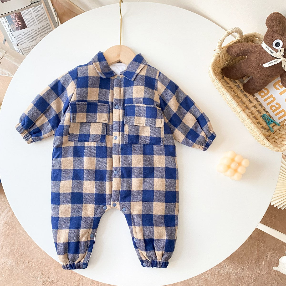 Baby Boy Plaid Pattern Snap Button Front Long-sleeved Thick Rompers-4